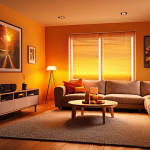 **Warm Ambient Lighting Living Room:** A cozy living room scene with soft, diffused ambient lighting, creating a relaxing atmosphere with LED lights. Focus on warm color temperatures (yellows, oranges).