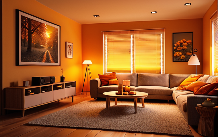 **Warm Ambient Lighting Living Room:** A cozy living room scene with soft, diffused ambient lighting, creating a relaxing atmosphere with LED lights. Focus on warm color temperatures (yellows, oranges).