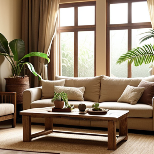Home 24 **
"A cozy living room featuring earthy tones, such as sandy beige walls, dark wood furniture, and linen cushions in clay color. Natural light streams through sheer curtains. Include indoor plants like ferns and orchids. The overall atmosphere is calm and relaxing."
**