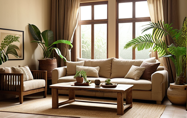 **
"A cozy living room featuring earthy tones, such as sandy beige walls, dark wood furniture, and linen cushions in clay color. Natural light streams through sheer curtains. Include indoor plants like ferns and orchids. The overall atmosphere is calm and relaxing."
**