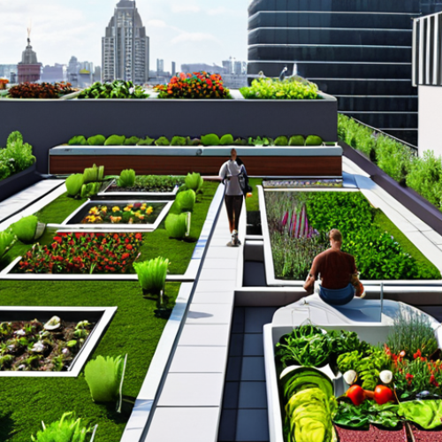 Home 23 A vibrant rooftop garden in a bustling city, featuring a variety of lush plants, flowers, and vegetables. Include people enjoying the space, with modern buildings visible in the background. Focus on showcasing the harmonious blend of nature and urban life.