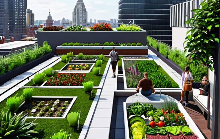 A vibrant rooftop garden in a bustling city, featuring a variety of lush plants, flowers, and vegetables. Include people enjoying the space, with modern buildings visible in the background. Focus on showcasing the harmonious blend of nature and urban life.