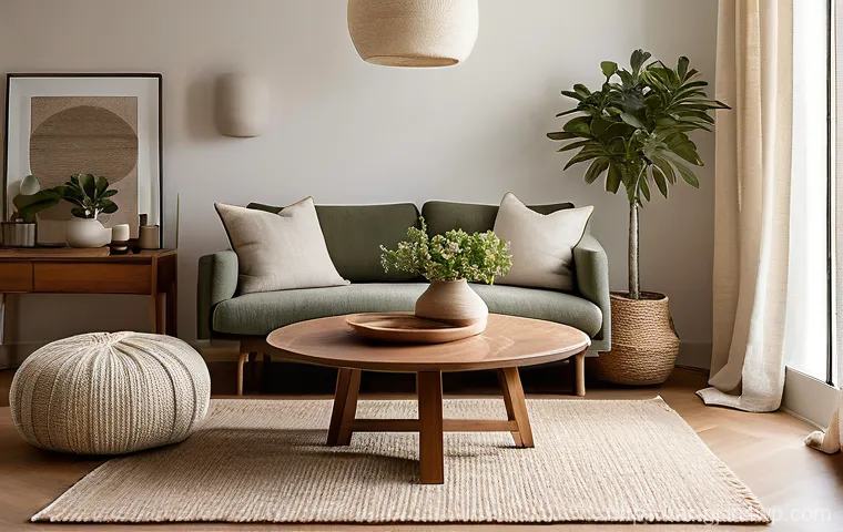 자연 형태 디자인을 위한 재료 선정 팁 - Prompt 1: Serene Living Room Retreat with Natural Warmth**