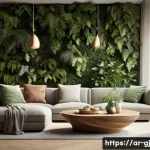 자연 형태 디자인을 위한 관찰 기술 - A serene interior design scene inspired by natural organic shapes, featuring curved wooden furniture...