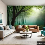 Home 16 자연 형태를 활용한 패턴 디자인 기법 - A serene living room interior design featuring a digital printed wallpaper with natural color gradie...