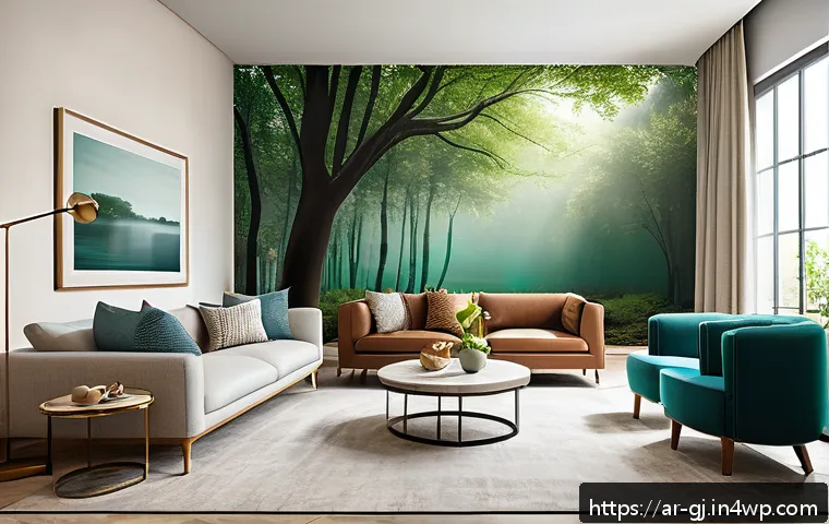 자연 형태를 활용한 패턴 디자인 기법 - A serene living room interior design featuring a digital printed wallpaper with natural color gradie...