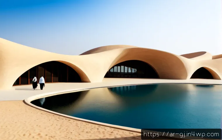 자연 형태 디자인에서의 현대적 재해석 사례 - Photorealistic contemporary cultural pavilion in an Arab desert setting, architecture inspired by sm...