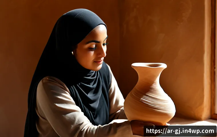 자연 형태 디자인의 개인적 표현 방법 - Photorealistic Arab woman artisan in modest long-sleeved clothing and a light headscarf, shaping a f...